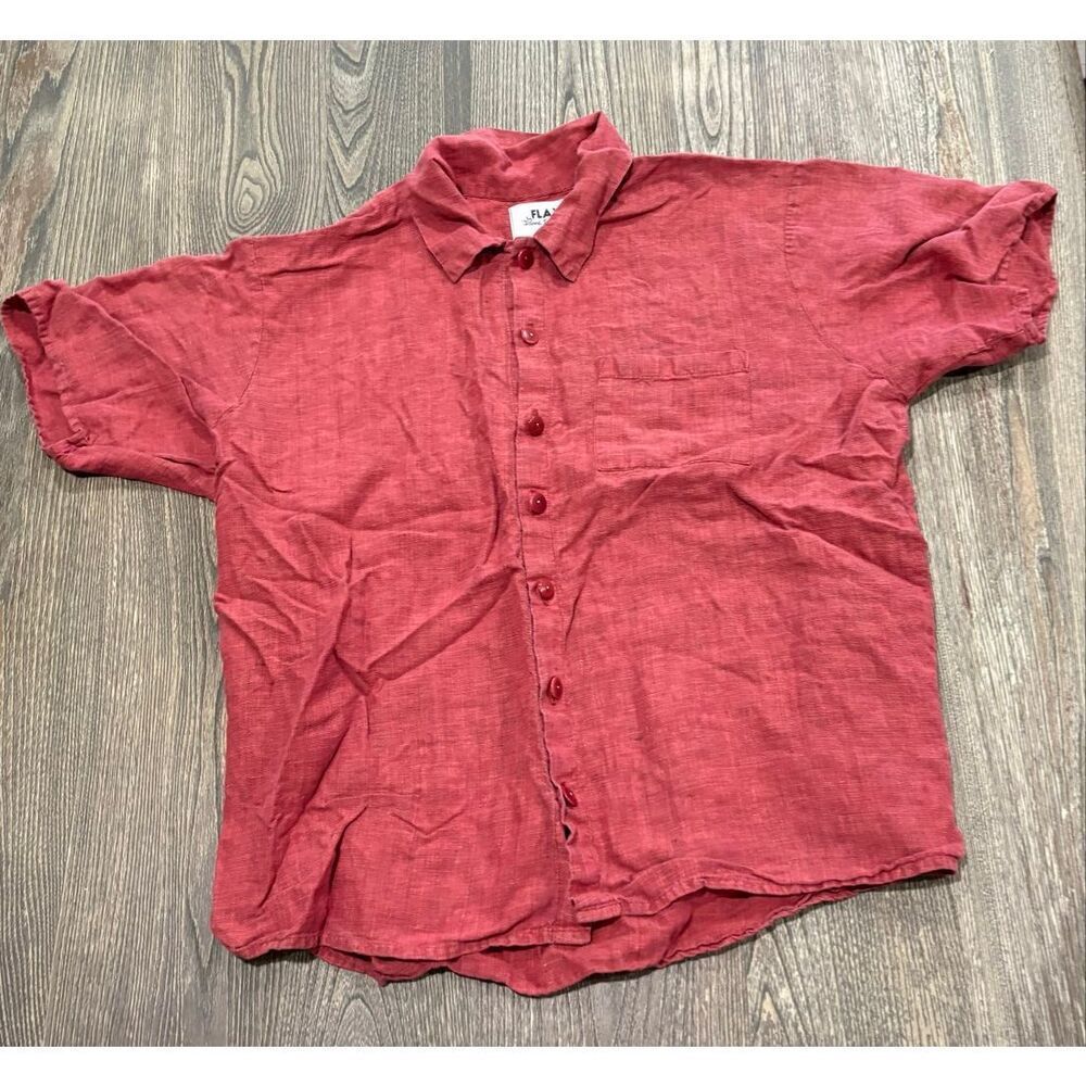 FLAX by Jame Engelhart Mens Linen Button-Up Shirt Short Sleeve Collared Red Sz S